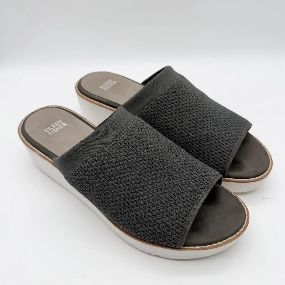 Eileen Fisher Telly Stretch Gray Knit Platform Wedge Sandals Mules Women’s 10